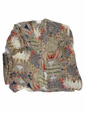 UMGEE Boho Patterned Kimono in Beige, Red & Navy. Fringe Ball arm holes.